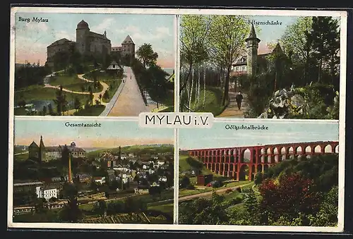 AK Mylau i. V., Gesamtansicht, Kaiserschloss, Felsenschänke, Göltzschtalbrücke