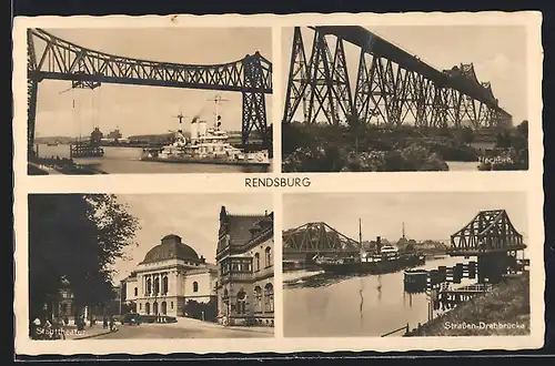 AK Rendsburg, Hochbrücke, Stadttheater, Strassen-Drehbrücke