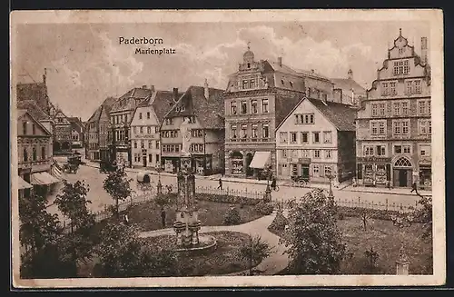 AK Paderborn, Marienplatz mit Geschäften und Brunnen