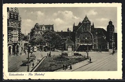 AK Gelsenkirchen, Am Bahnhof mit Strassenbahn