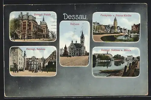 AK Dessau, Herzogliches Schloss, Herzogliches Palais, Funkplatz und Petros-Kirche