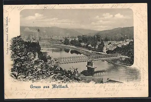 AK Mettlach, Uferpartie mit Brücke