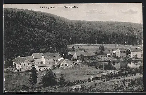 AK Hummelshain, Panorama mit Leubengrund und Fiedlermühle