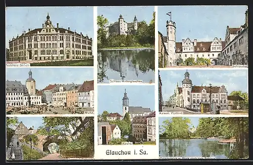 AK Glauchau i. Sa., Kirche, Marktplatz, Kaiserl. Postamt