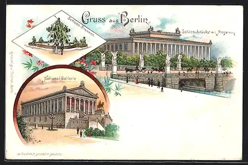 Lithographie Berlin, Schlossbrücke mit Museum, National-Gallerie und Schloss-Brunnen