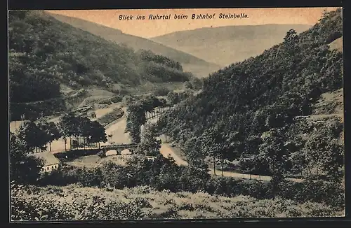 AK Steinhelle, Blick ins Ruhrtal mit Bahnhof Steinhelle