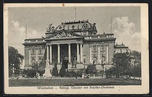 AK Wiesbaden, Königliches Theater mit Schiller-Denkmal