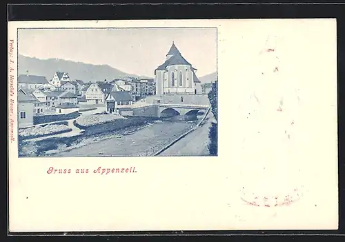 AK Appenzell, Ortsansicht und Frau in Tracht auf Rückseite