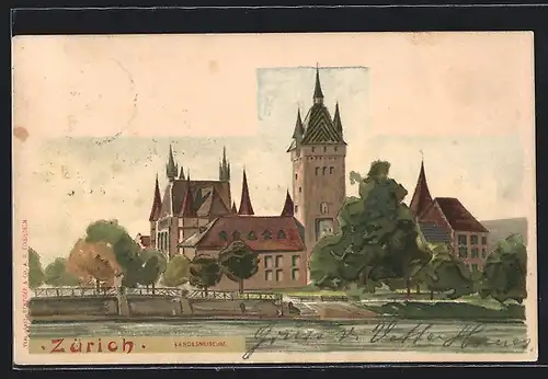AK Zürich, Landesmuseum als Zeichnung