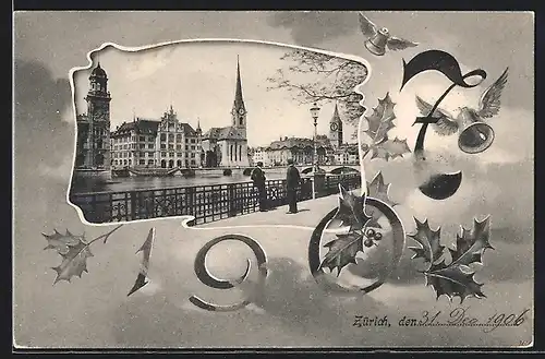 AK Zürich, Uferpartie mit Kirche, Jahreszahl 1907, Passepartout