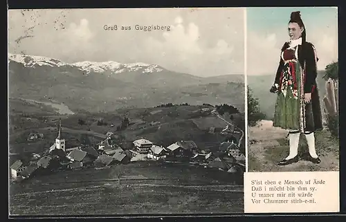 AK Guggisberg, Teilansicht mit Kirche, Frau in Tracht