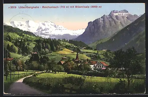 AK Reichenbach, Ortspartie mit Blüemlisalp, Lötschbergbahn