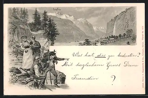 Vorläufer-Lithographie Lauterbrunnen, 1893, Panorama mit Jungfrau