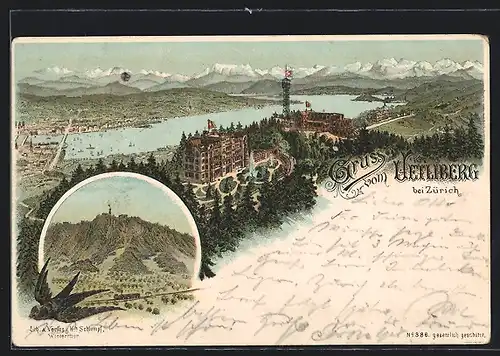 Lithographie Uetliberg b. Zürich, Panorama mit Hotel Uetliberg