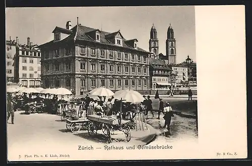 AK Zürich, Rathaus und Gemüsebrücke