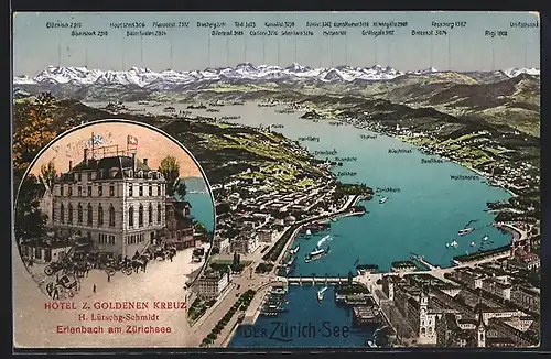 AK Erlenbach am Zürichsee, Hotel zum Goldenen Kreuz, Panorama mit Thalwil, Zürichhorn und Rigi