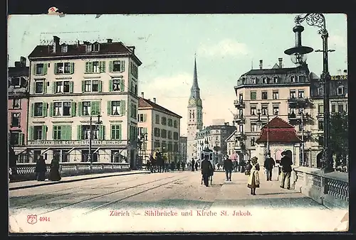 AK Zürich, Hürlimann-Restaurant-Cafe Silhof an der Sihlbrürcke mit Kirche St. Jakob