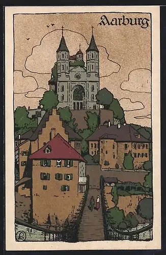Steindruck-AK Aarburg, Brückenpartie mit Sicht zur Kirche