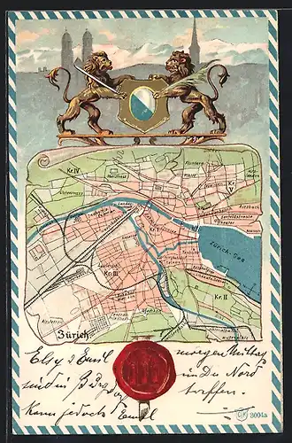Präge-AK Zürich, Strassennetz der Stadt, Löwen mit Wappen