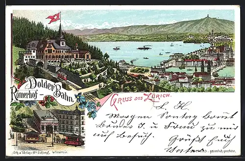 Lithographie Zürich, Gasthaus Römerhof, Station der Dolder Bahn