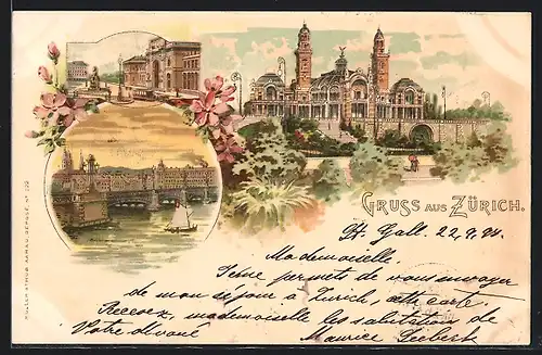 Lithographie Zürich, Strassenpartie, Brückenpartie, Tonhalle