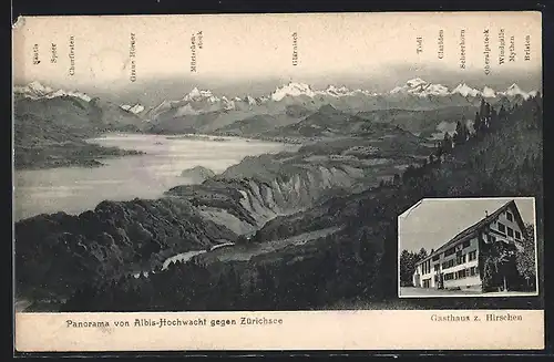 AK Langnau am Albis, Albis-Hochwacht, Gasthaus zum Hirschen, Panorama gegen Zürichsee