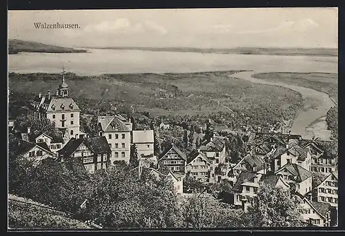 AK Walzenhausen, Blick auf Ortschaft und Gewässer aus der Vogelschau