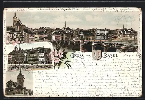 Lithographie Basel, Ortsansicht, Marktplatz und St. Johann-Tor