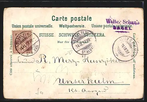 Lithographie Basel, Ortsansicht, Marktplatz und St. Johann-Tor