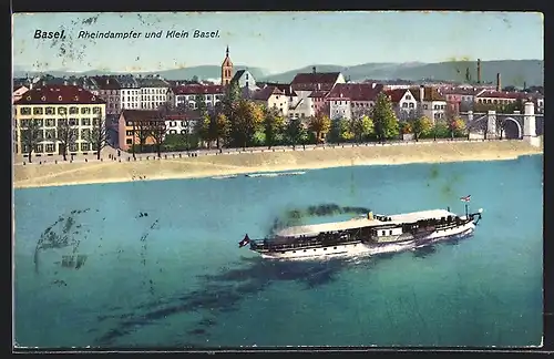 AK Basel, Rheindampfer und Klein Basel