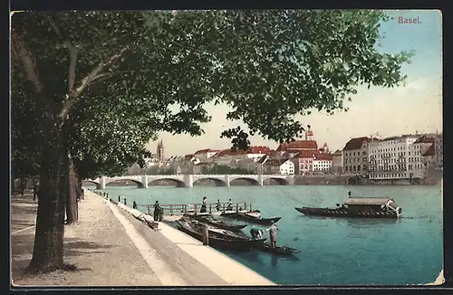 AK Basel, Uferpromenade am Rhein