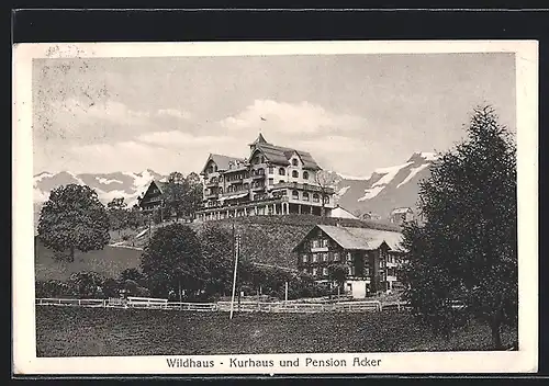 AK Wildhaus, Kurhaus und Pension Acker vor malerischer Kulisse