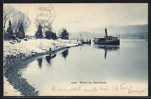 AK Zürichhorn, Winterliches Gewässer mit Dampfschiff