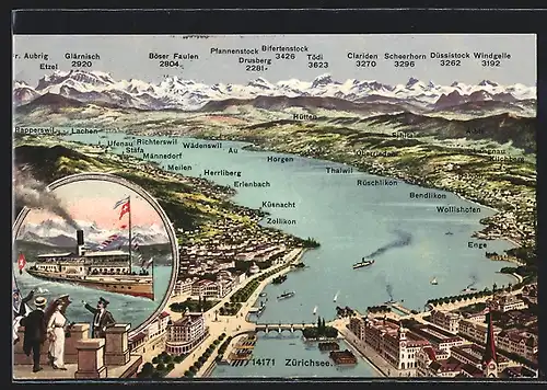 AK Zürich, Schweizer Raddampfer Helvetia auf dem Zürichsee unterwegs