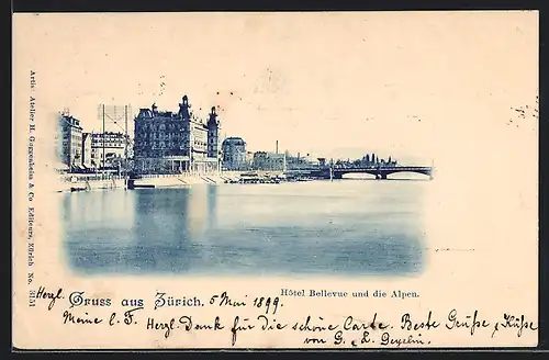 AK Zürich, Hotel Bellevue direkt am Wasser