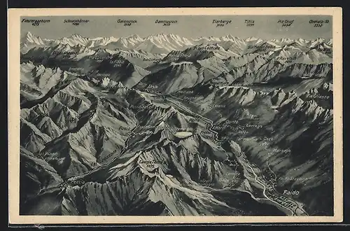AK Faido, Panorama mit Gipfeln der Umgebung, Dammastock, Titlis, Finsteraarhorn und viele weitere
