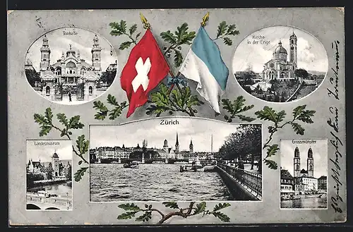 AK Zürich, Tonhalle, Kirche in der Enge, Landesmuseum