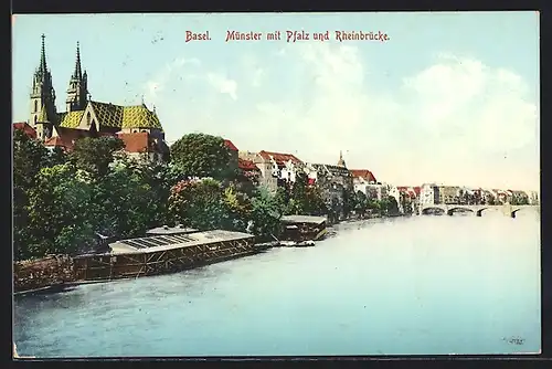 AK Basel, Münster mit Pfalz und Rheinbrücke