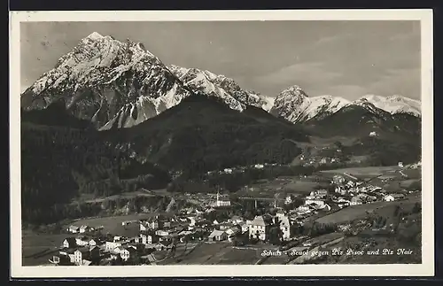 AK Schuts-Scuol, Ortsansicht gegen Piz Pisoc und Piz Nair