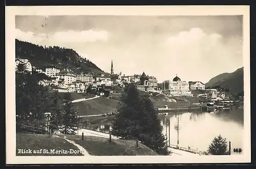 AK St. Moritz-Dorf, Ortsansicht am Wasser