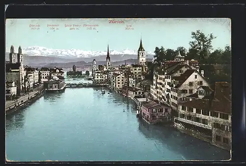AK Zürich, Ortsansicht am FLuss gegen die Alpen
