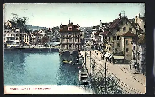 AK Zürich, Rathausquai aus der Vogelschau
