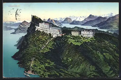 AK Bürgenstock, Hotelanlage auf Berg mit Bergbahntrassen und Dampfer