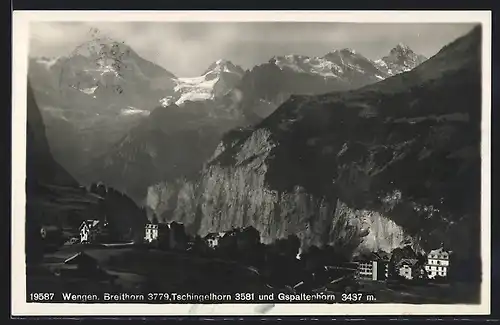AK Wengen, Ortsansicht mit Breithorn, Tschingelhorn und Gspaltenhorn
