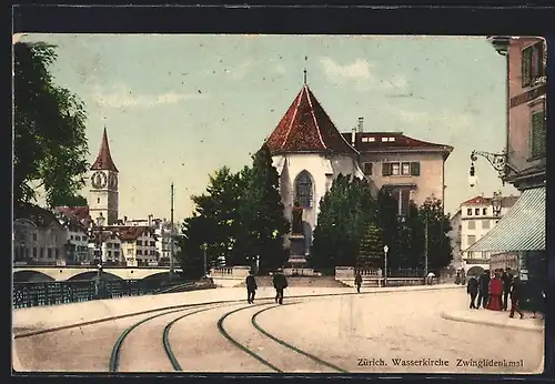 AK Zürich, Wasserkirche und Zwinglidenkmal
