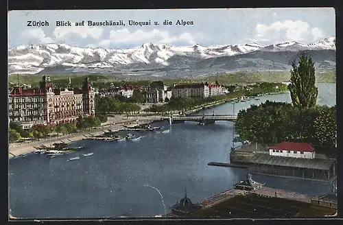 AK Zürich, Blick auf Bauschätzli, Utoquai u. die Alpen