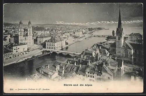 AK Zürich, Teilansicht am Fluss gegen die Alpen