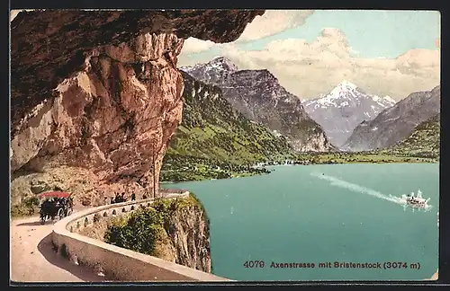 AK Axenstrasse, Blick über den Bergsee mit Dampfer zum Bristenstock