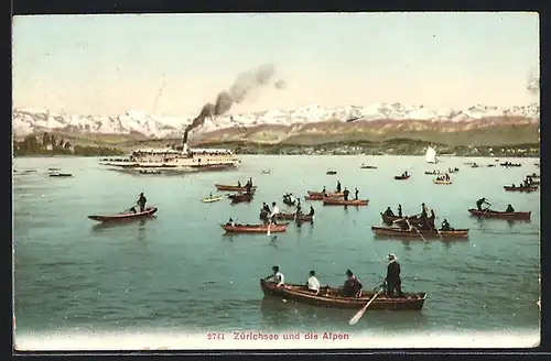 AK Zürich, Zürichsee, Ruderboote und ein Dampfer gegen die Alpen