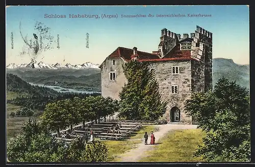 AK Habsburg, Partie am Schloss m. Blick nach den Alpen